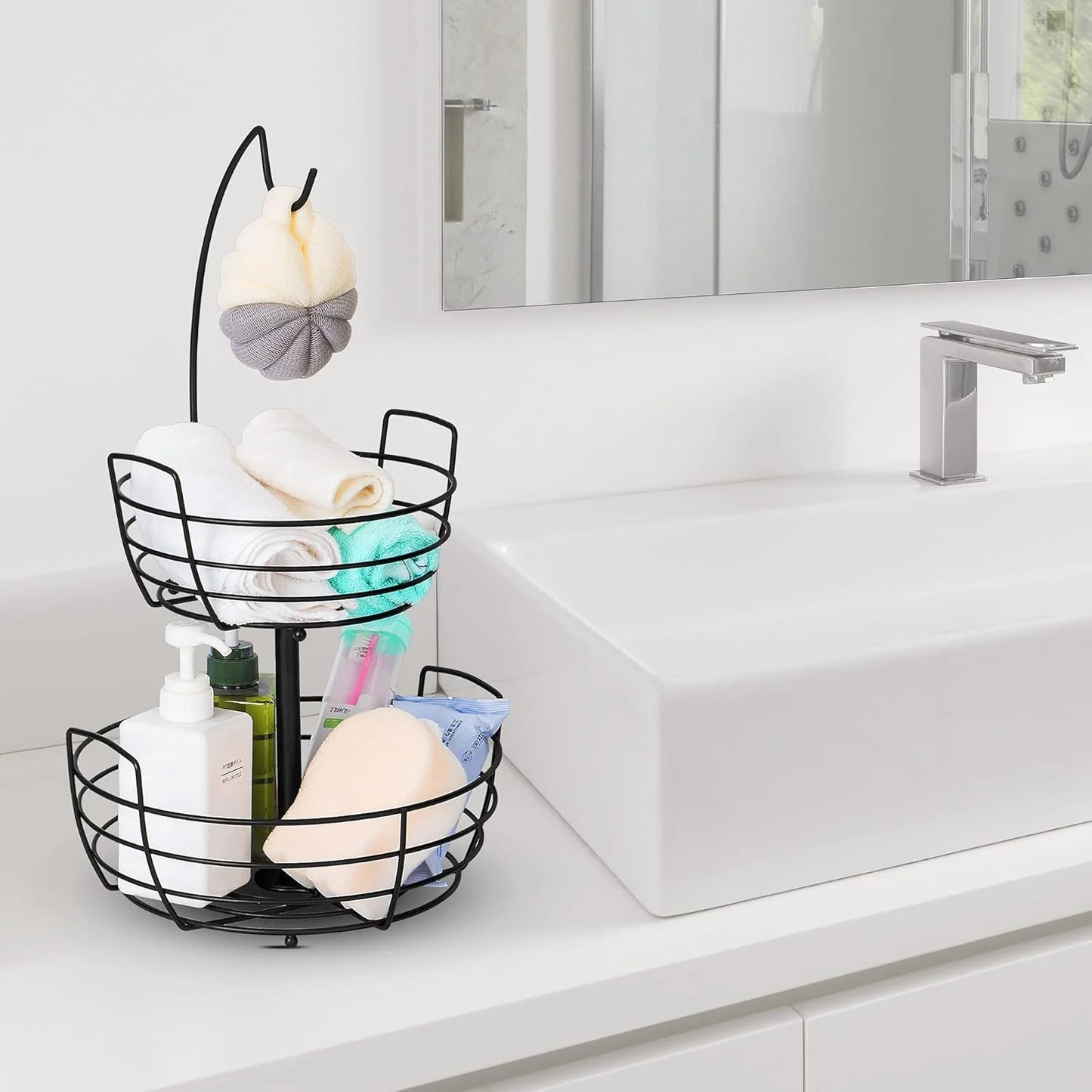 Fruit Basket Fruit Bowl 2 Tier Fruit Rack for Kitchen with Banana Hanger, Fruit Bowl for Kitchen Counter Bread Basket Fruit Holder