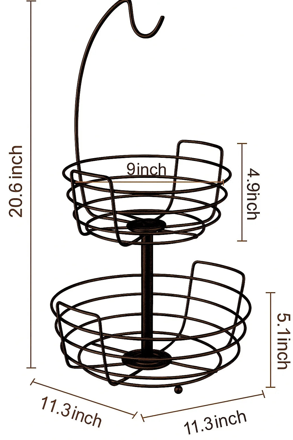 Fruit Basket Fruit Bowl 2 Tier Fruit Rack for Kitchen with Banana Hanger, Fruit Bowl for Kitchen Counter Bread Basket Fruit Holder