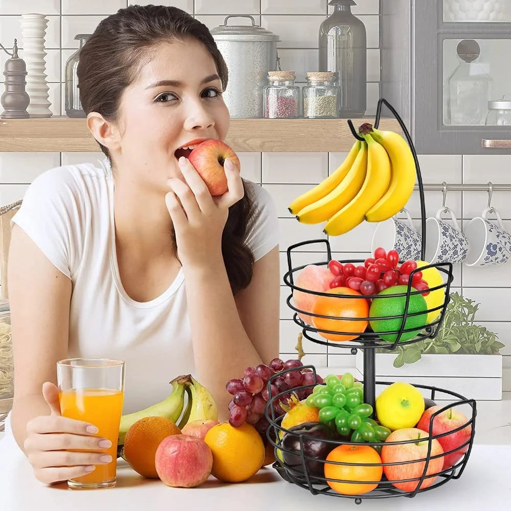 Fruit Basket Fruit Bowl 2 Tier Fruit Rack for Kitchen with Banana Hanger, Fruit Bowl for Kitchen Counter Bread Basket Fruit Holder
