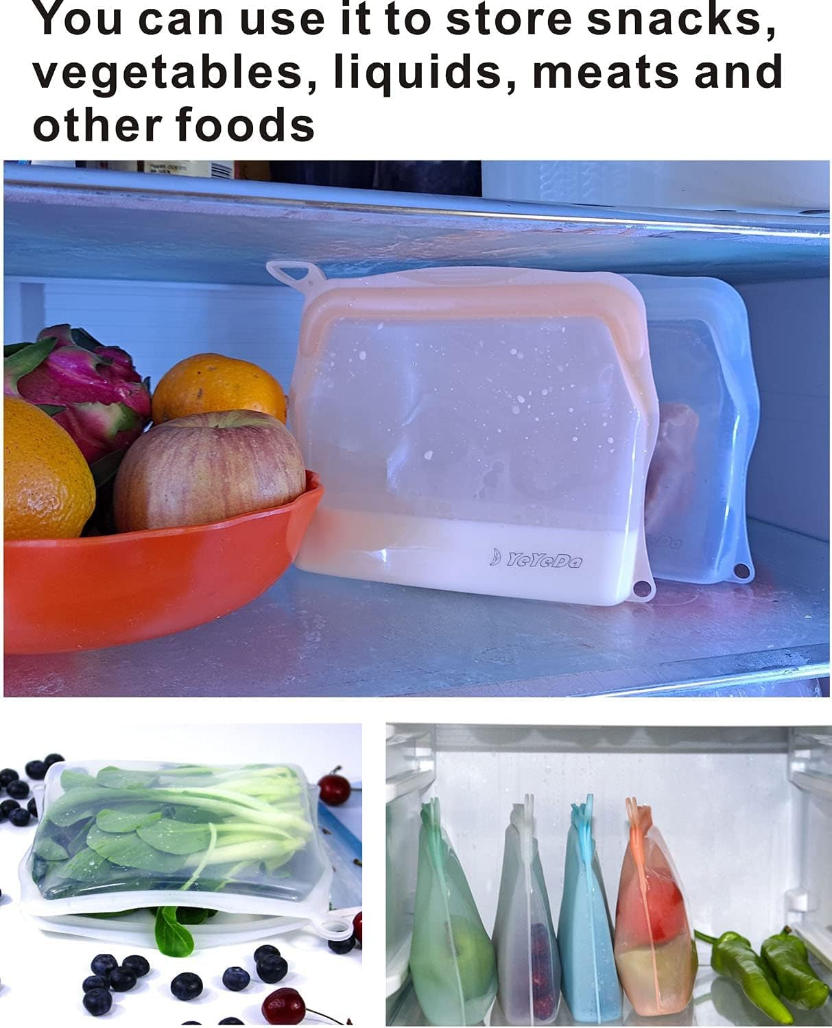 Reusable Silicone Food Storage Bags with Zipper,Freezer,Dishwasher Safe,Small,Clear