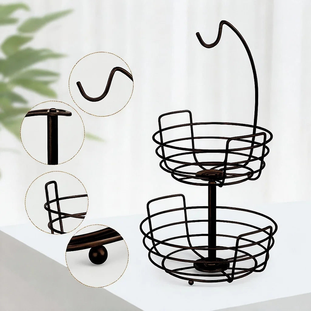 Fruit Basket Fruit Bowl 2 Tier Fruit Rack for Kitchen with Banana Hanger, Fruit Bowl for Kitchen Counter Bread Basket Fruit Holder