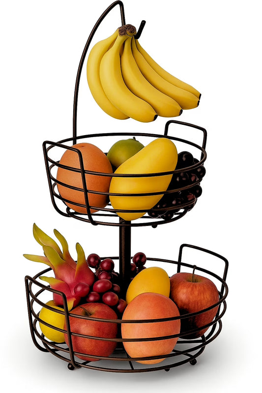 Fruit Basket Fruit Bowl 2 Tier Fruit Rack for Kitchen with Banana Hanger, Fruit Bowl for Kitchen Counter Bread Basket Fruit Holder
